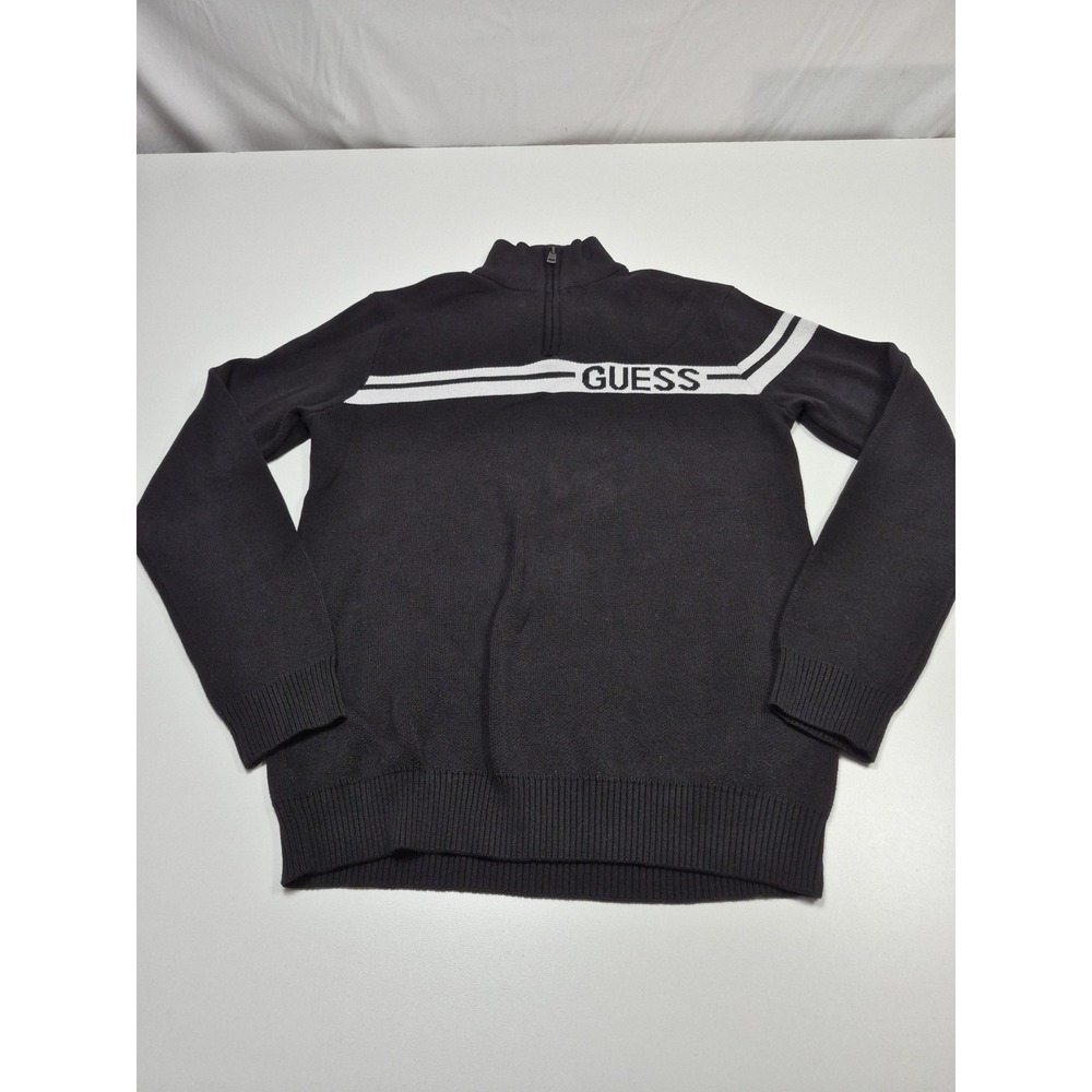 GUESS Sweater Mens XL Black Cotton 1/4 Zip Mock Neck Stripe Knit Pullover NWT